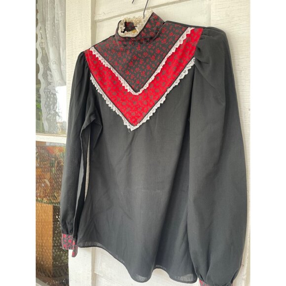 Vintage 1970s High Collar Prairie Blouse Black Red Size Small - Picture 9 of 12